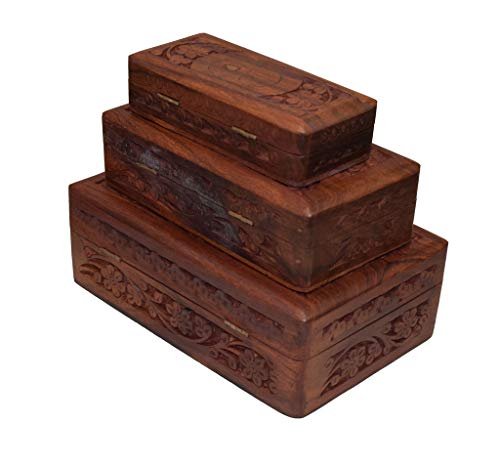 Om Shri Om Set of 3 Pieces Handmade Wood Jewelry Box Organizer Decorative Floral Design