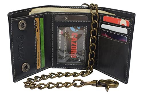 RFID Blocking Men's Tri-fold Vintage Leather Biker Chain Wallet