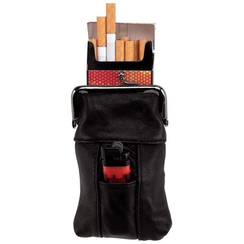 BLACK Genuine LEATHER LIGHTER CIGARETTE CASE Smoke Tobacco Pocket Holder