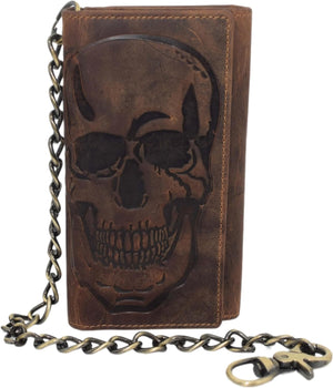 Biker Skull Chain Wallet RFID Signal Blocking Men's Vintage Leather Long Tri-fold Chain Checkbook Card ID Wallet (Skull Black)-menswallet