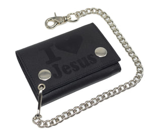 I Love Jesus RFID Protected Trifold Biker Men's Genuine Leather Steel Chain Wallet Snap closure-menswallet