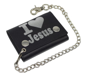 I Love Jesus RFID Protected Trifold Biker Men's Genuine Leather Steel Chain Wallet Snap closure-menswallet