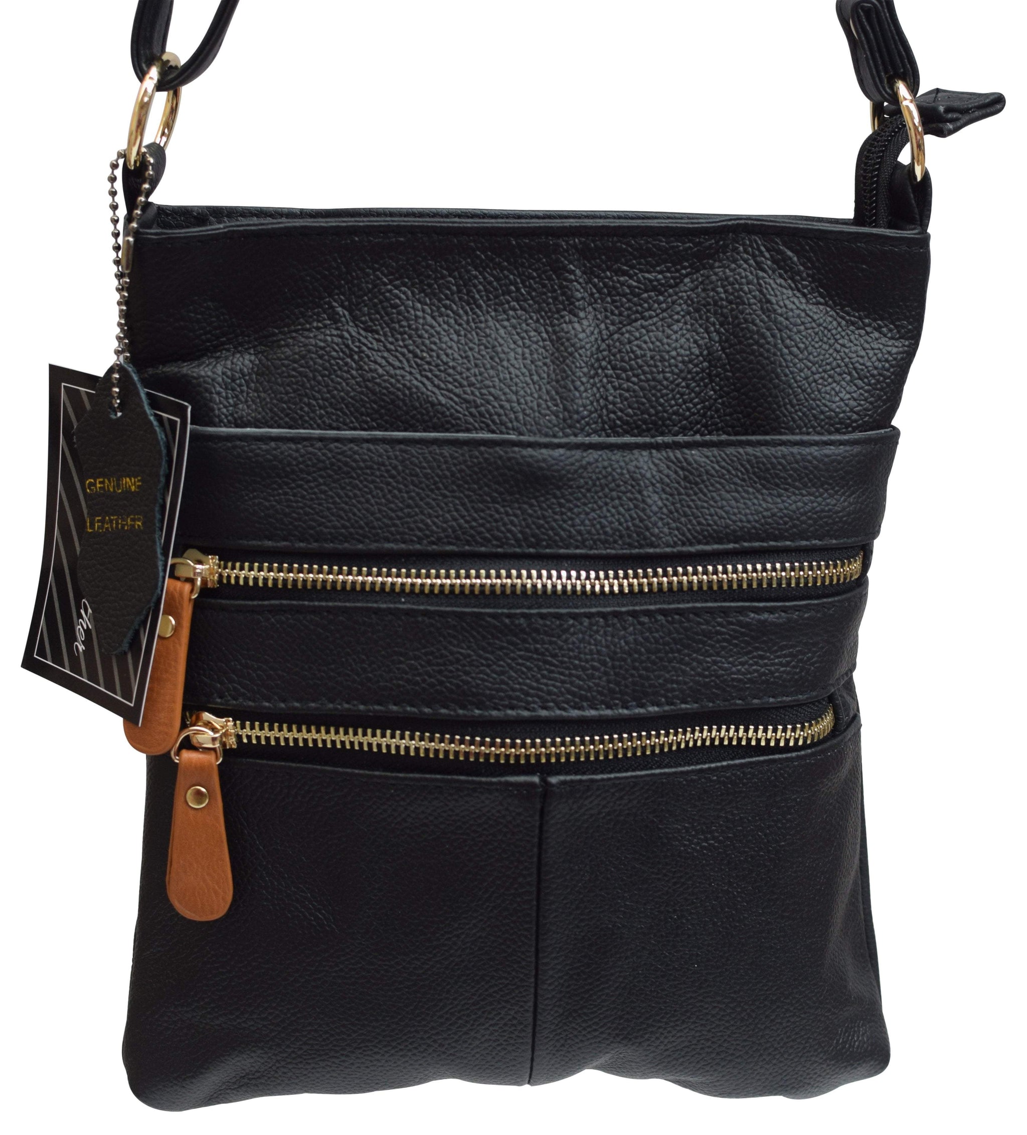 CHAMPS Champs Triple Zip Crossbody Black Leather Tote Bag 1027