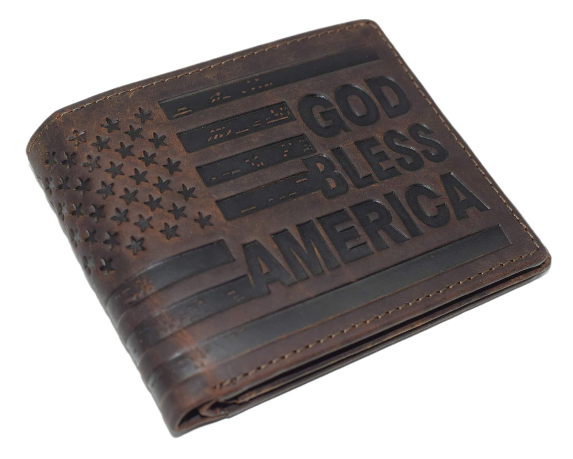 Distressed Vintage Leather Patriot American Flag Wallet -GOD BLESS AMERICA’ RFID Blocking Leather US Flag Men's Bifold Western Style Wallet-menswallet