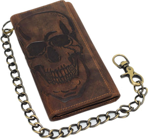 Biker Skull Chain Wallet RFID Signal Blocking Men's Vintage Leather Long Tri-fold Chain Checkbook Card ID Wallet (Skull Black)-menswallet