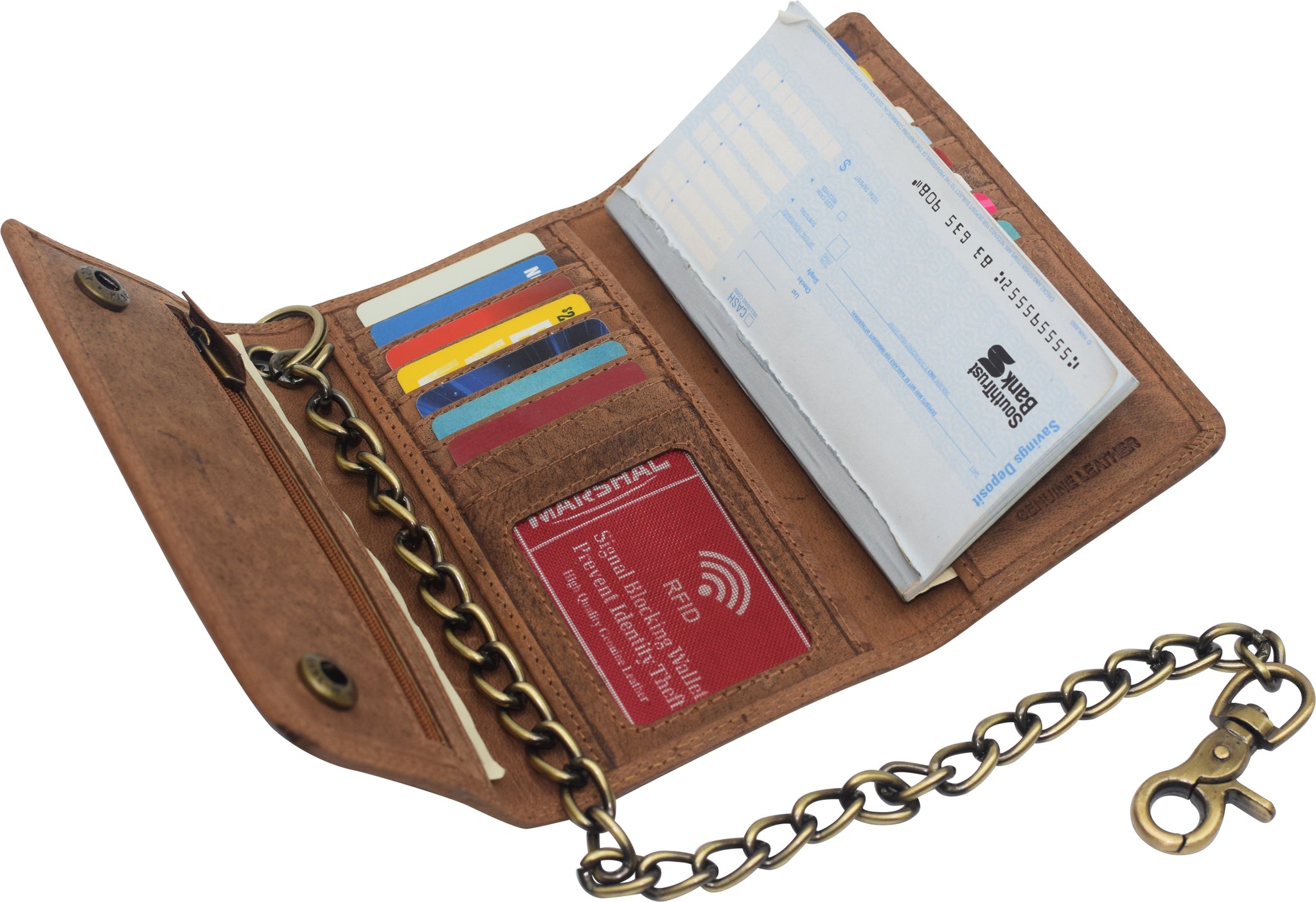 Marshal Genuine Leather Men's Chain Biker Wallet Long Bifold Checkbook RFID Blocking Wallets for Men Tan with Chain