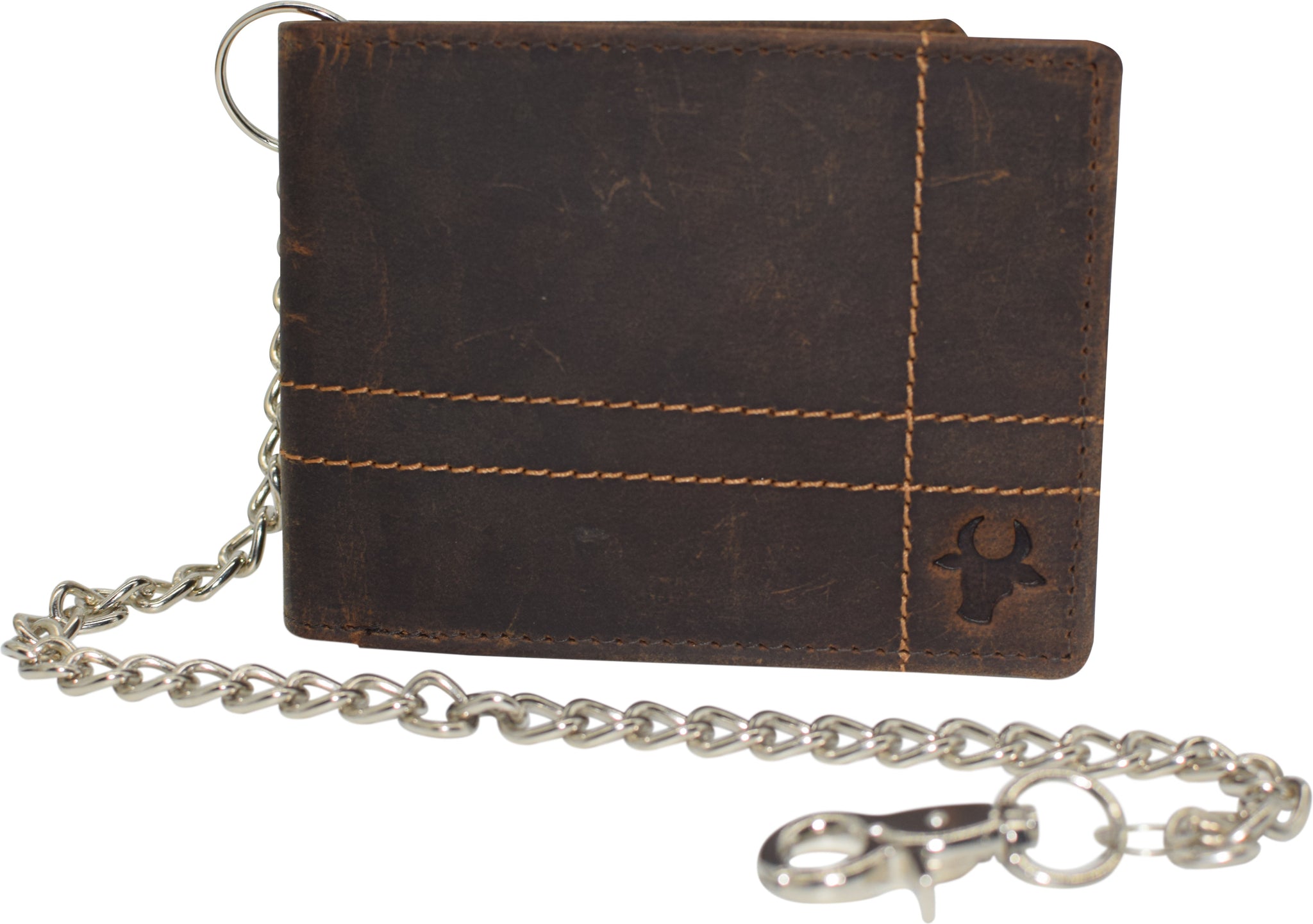 Cazoro RFID Blocking Men's Bi-Fold Style Cowhide Leather Steel Chain Wallet, Genuine Vintage Leather Logo Brown