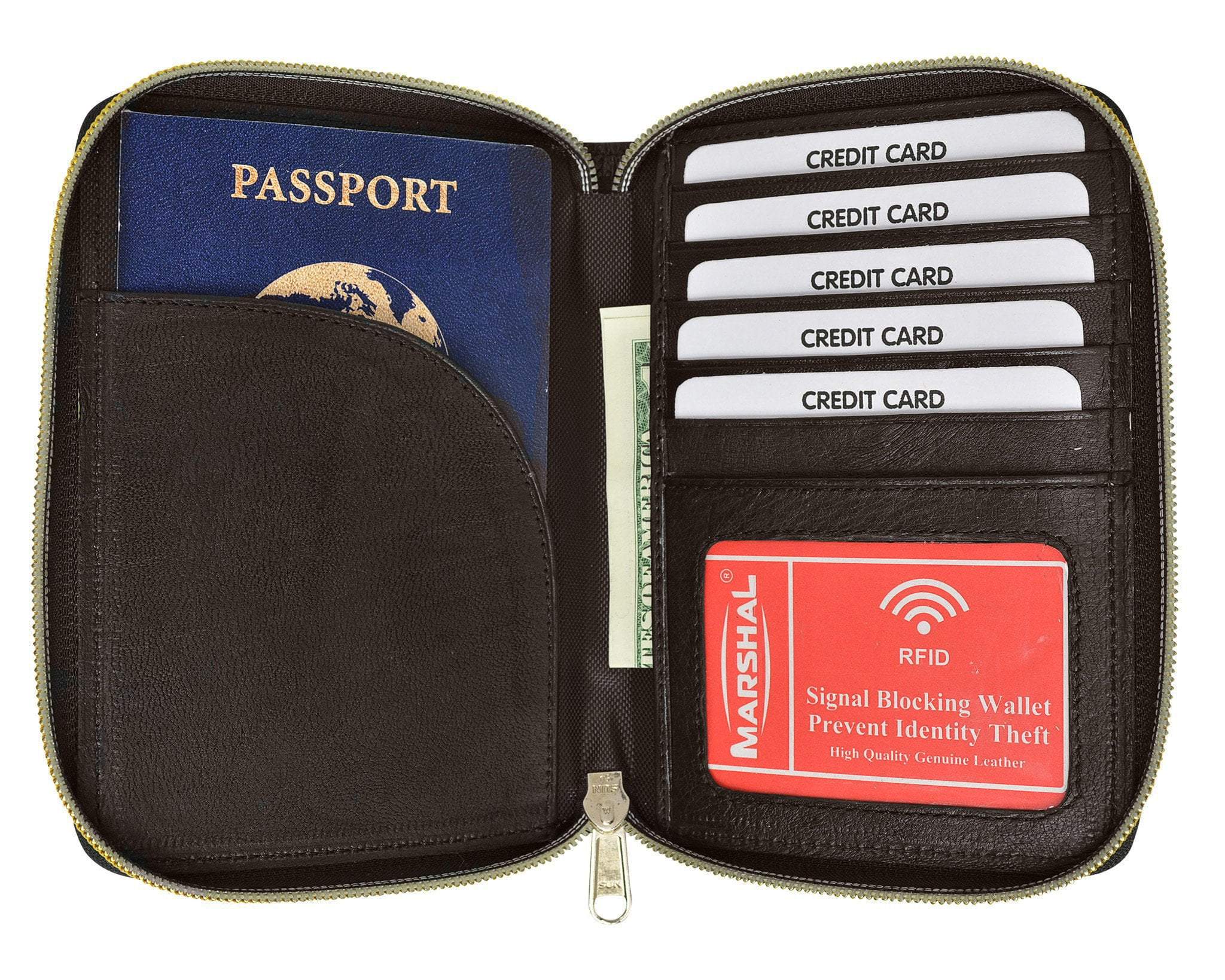 RFID Premium Leather Men's Passport Bifold Zip Around Wallet ID & Credit Card Holder RFID P 701 , Brown