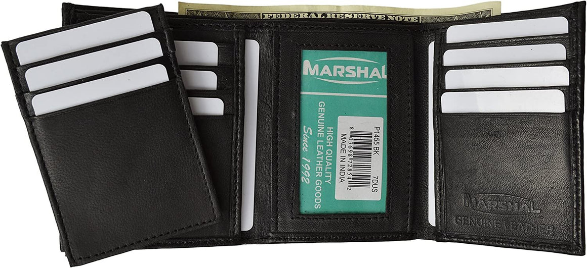 Marshal® Mens Leather Wallet Trifold Black Flipup Window ID FREE Organza Gift Bag-menswallet